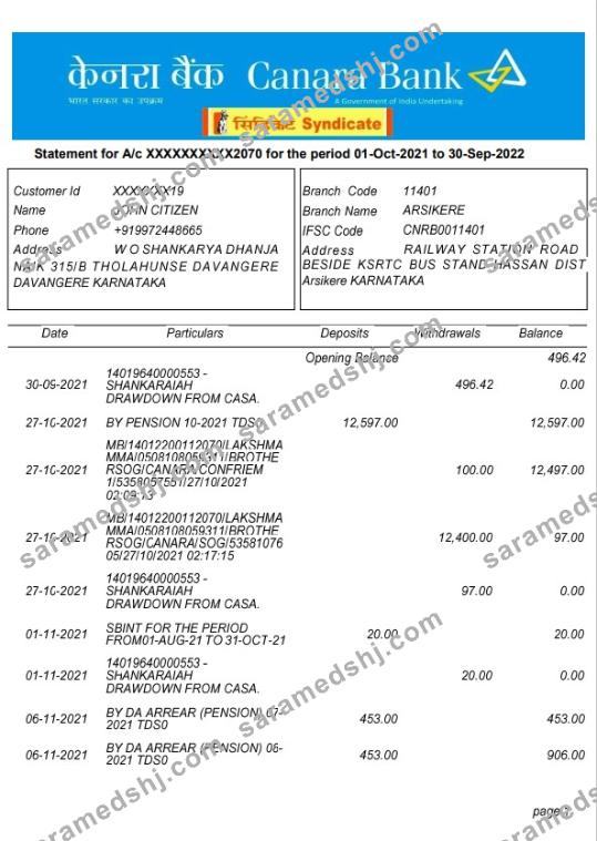 India Canara bank statement template, Word and PDF format, 5 pages, version 2